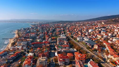 Footage over the dense cityscape located on the Shore of the Black Sea.