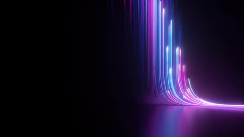 3D-Animation, abstrakter schwarzer Hintergrund mit rosa-blauen Neonlinien, die nach oben gehen und verschwinden
