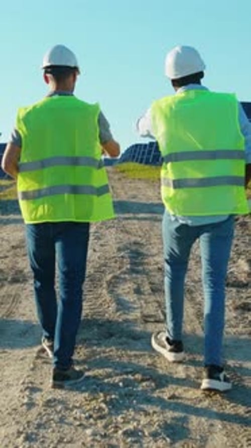 Construction Workers Walking on a Solar Farm Focusing on Renewable Energy Solutions and Progress