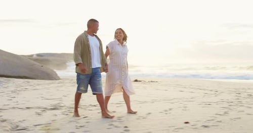 Relax, love and holding hands with couple on beach for romance, bonding and affectionate