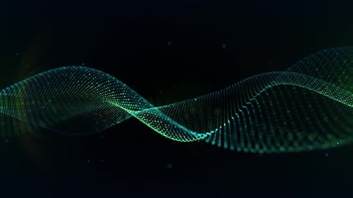 Green Abstract Background Seamless Loop. 4K Digital Waves of Glowing Particles and Lines on Dark Bac