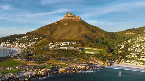 Aerial view of Table Mountain and ocean, South Africa.