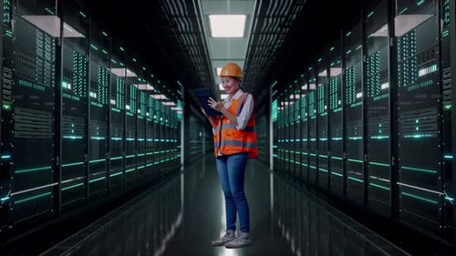 Full Body Side View Of Asian Female Engineer Working On A Tablet in Data Center