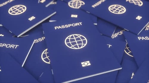 International realistic passports. Immigration, citizenship, travel and tourism concept