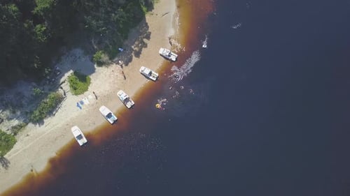 Aerial of boating on lake in South Africa for summer leisure fun and activity