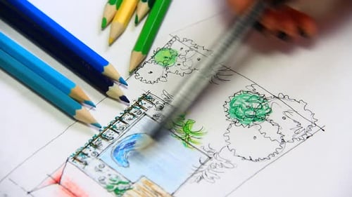 Einen Plan für einen Garten und einen Pool haben