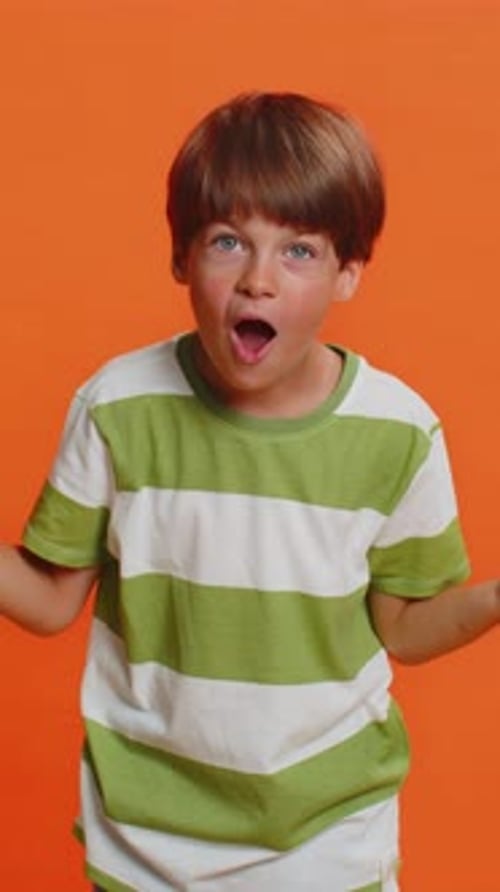 Excited Amazed Young Preteen Child Boy Kid Showing Hands Brain Head Explosion Solution Answer