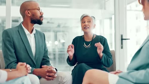 Collaboration, conversation and meeting with business people in boardroom of office together