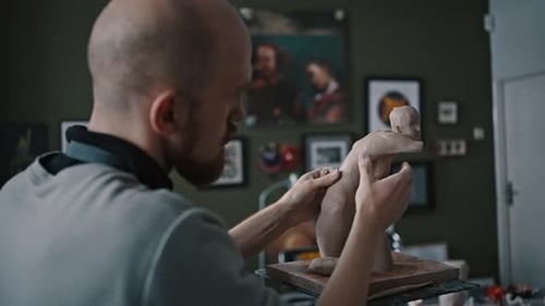 Rear View of Blurred Skilled Sculptor Sculpting a Plaster Statue in His Garage Potting Studio