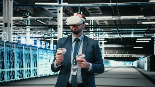Debugging System Errors VR Headset and Computer Scientist in Data Center