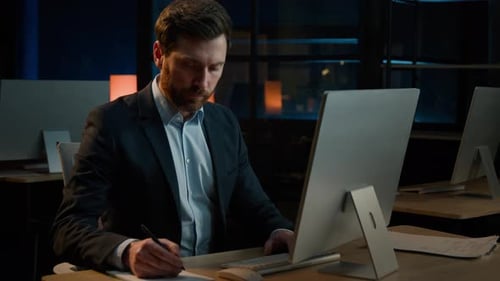 Middleaged Businessman Caucasian Man Adult Worker Accountant Teacher Writing Insurance Documents