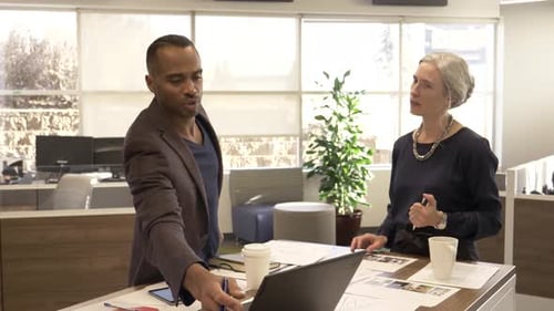 Mature businesswoman and male colleague strategizing together in modern office