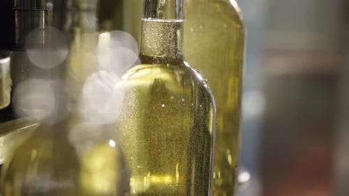 White wine bottles on production line with rising bubbles and bright reflections