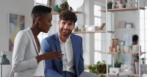 Company, business people and team talk with tablet for financial proposal