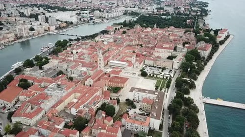 Zadar, Croatia. Aerial view of city center and main landmarks at sunset