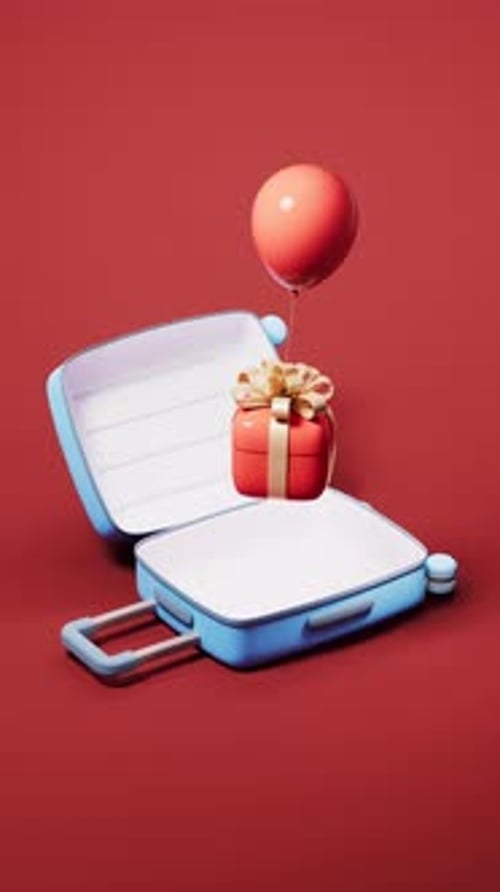 Animated 3D Gift and Balloon Floating from Open Suitcase