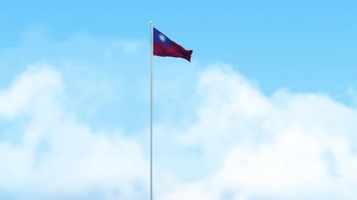 Taiwan Flag Waving Against Blue Sky with Clouds