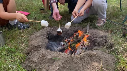 Family Camping Adventure Cooking Marshmallows Over Campfire