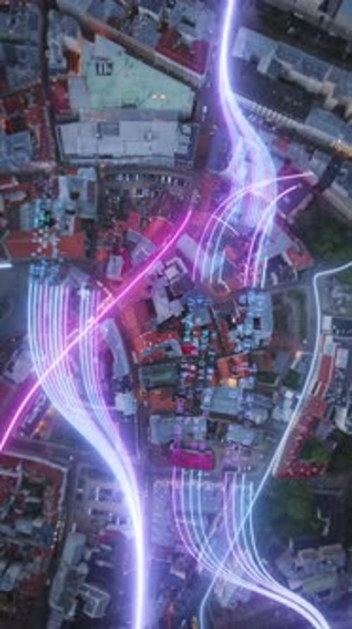 Top Down Footage of Historic City Center of City Computer Graphics of Colorful Lines and Values