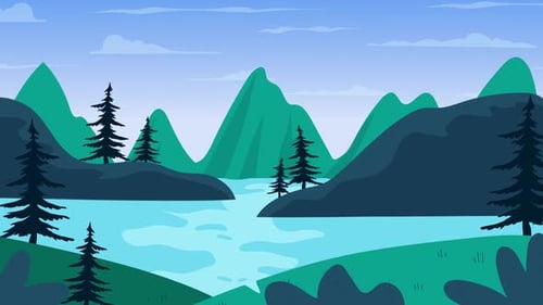 Animated Flat Design Mountain Landscape with Lake and Forest