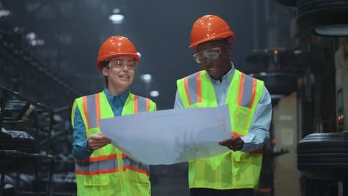 Professional Partners Holding Paper Plan Manufacturing Company Project. Attractive Man Supervisor Wa