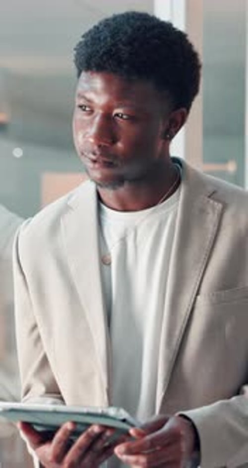 Smile, man or thinking with tablet at office window for article insight