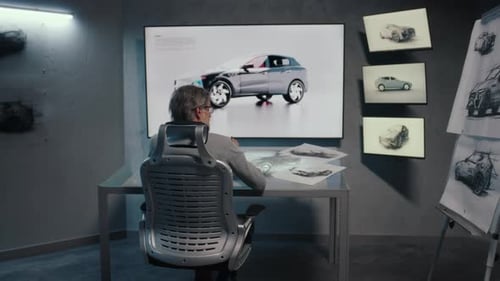 Un graphiste automobile dessine un Sketch du prototype de voiture à l'aide d'un stylet