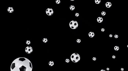 Many football balls flying on transparent background with alpha channel