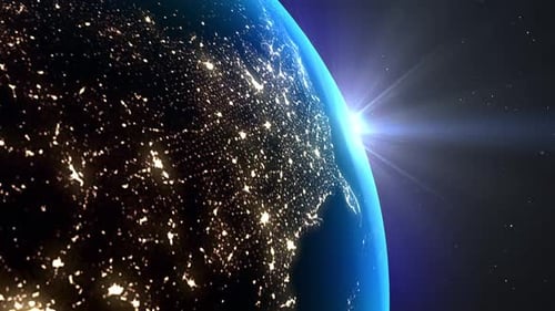 Planet Earth rotating in space in the night lights. Galaxy, stars, space, sea, earth, sunset, globe.