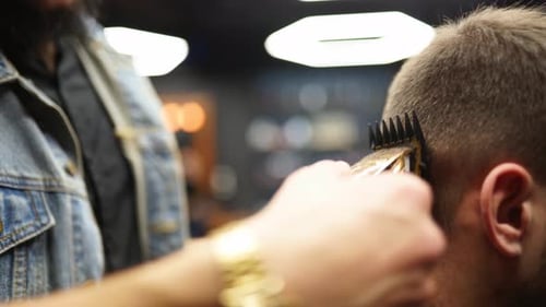 Barber Giving Haircut to Customer Close Up