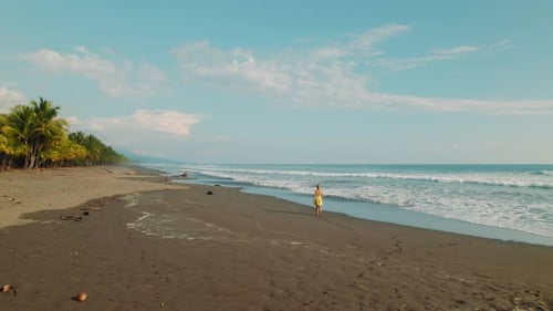 Traveler woman walks along sandy beach with palm trees at Linda coast Costa Rica