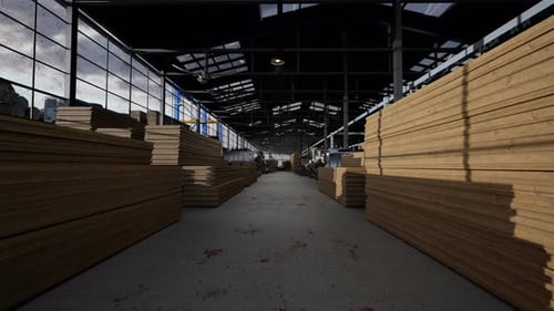 Tablas de madera apiladas en un gran almacén industrial