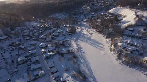 a Drone View of a Russian Village in Winter