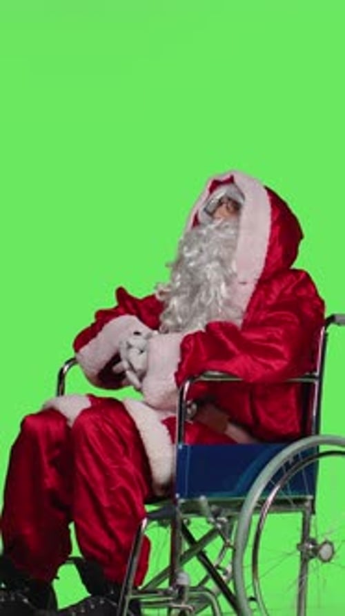 Vertical Video Side View of Paralyzed Santa Character on Greenscreen