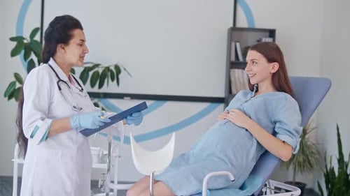 Happy Pregnant Woman Visit Gynecologist Doctor at the Medical Clinic Female Doctor Examine Pregnant