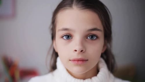 Portrait of smiling girl in white sweater indoors