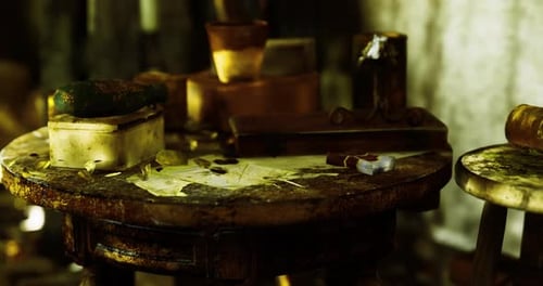 Old Wooden Table Cluttered with Various Items in a Dimly Lit Room