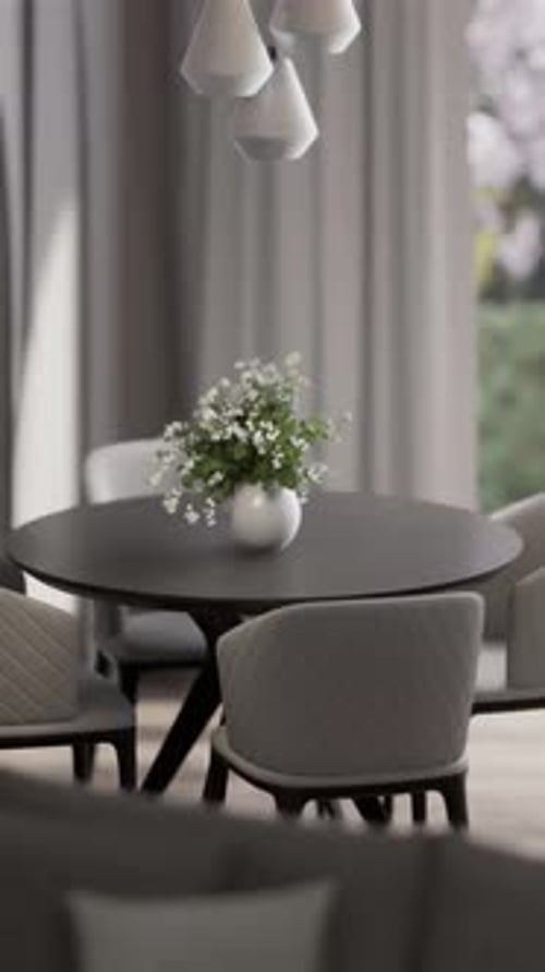 House interior design detail, modern clean living room, dining table close-up shot