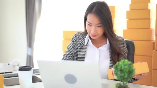Woman Working On Laptop With Shipping Boxes