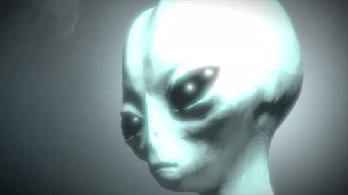 3D CGI VFX animation of a close up headshot of a classic Roswell style grey alien, with glistening b