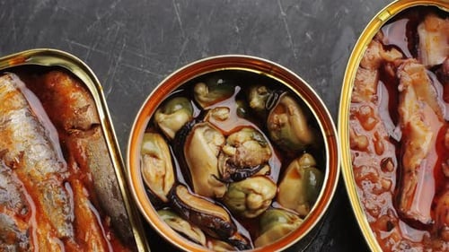 Canned Seafood Assortment with Sardines, Mussels, Tuna