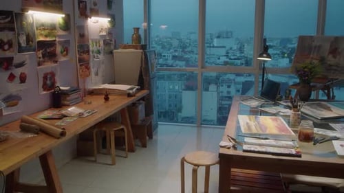 Interior of Art Studio with Paintings