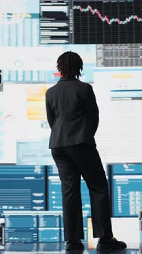 Vertical Video Business Expert Wearing Suit Reviewing Performance Dashboards Metrics