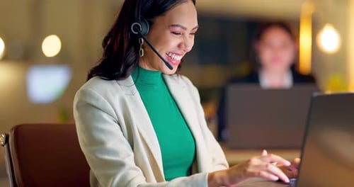 Call center, computer and woman consulting at night in office for customer service
