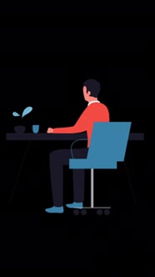 Man Sitting In Chair At Laptop Computer At Desk On Vertical On Alpha Channel