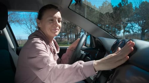 Smiling Female Enjoy New Car Indoor