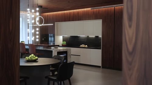 Modern Kitchen Interior with Wood and Marble Design