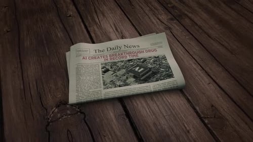 Animated Newspaper Headline Announcing AI Breakthrough on Wooden Table