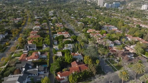 Fly Above Streets and Residencies on Premium Addresses Beverly Hills Borough From Height