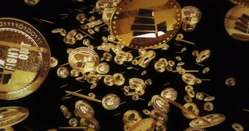 Fight Out Crypto FGHT, cryptomonnaie volant entre des pièces dorées, une boucle
